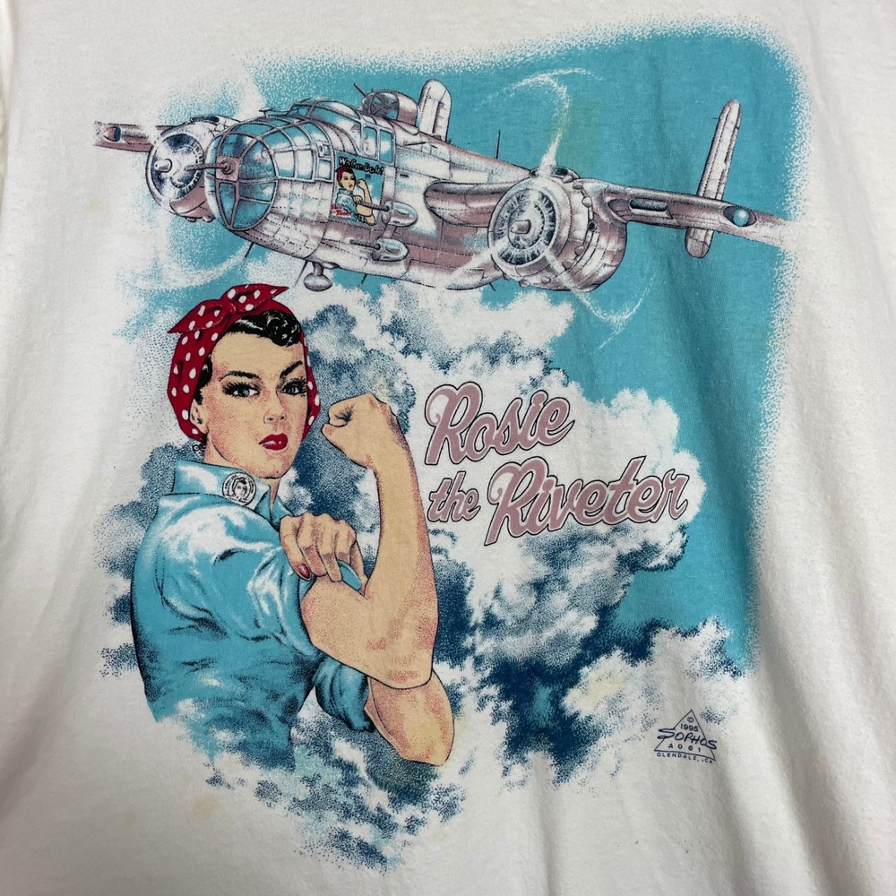 Vintage 90s Rosie the Riveter T-Shirt Size Large White FLAWS Retro 1995 Graphic